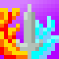 A pixel art picture of a sword with fire to the left and ice to the right.